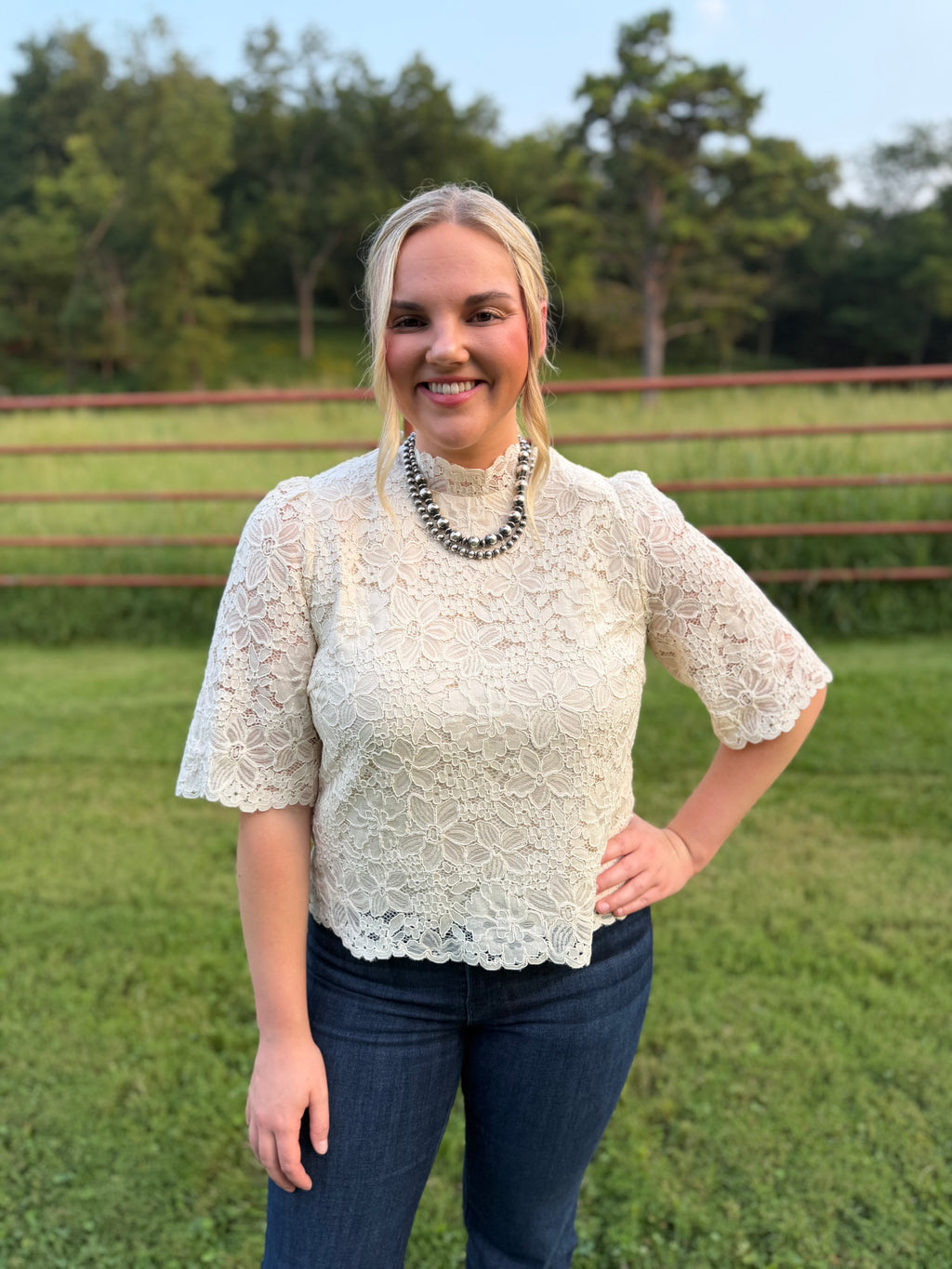 Lace Mock Neck Scallop Detail Top