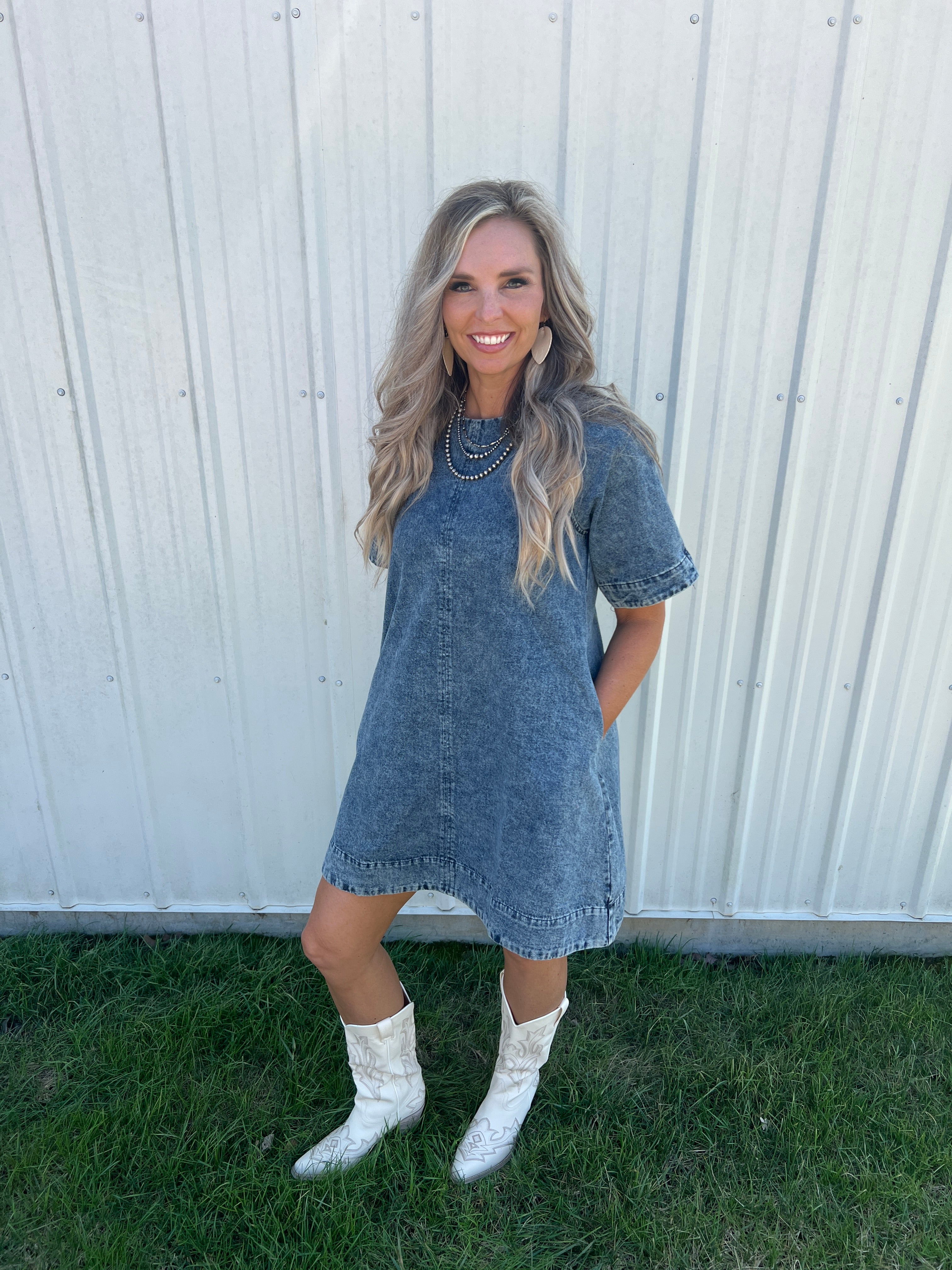 Tie Back Detail Swing Hem Denim Dress