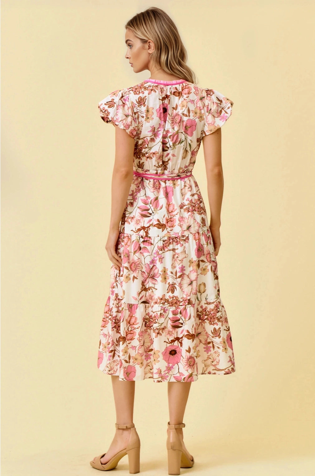 Floral Print Bubble Short Sleeve Tiered Midi Dress