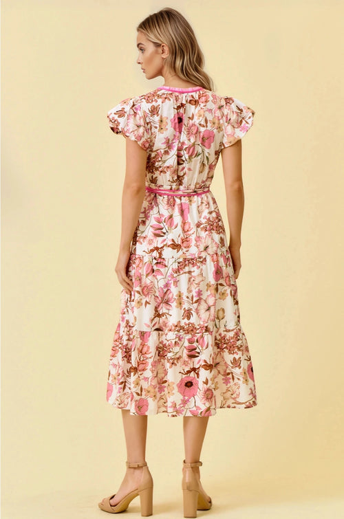 Floral Print Bubble Short Sleeve Tiered Midi Dress