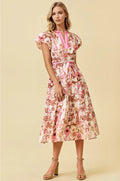 Floral Print Bubble Short Sleeve Tiered Midi Dress