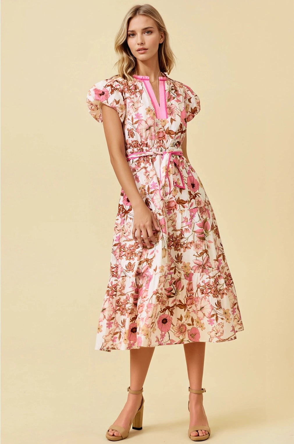 Floral Print Bubble Short Sleeve Tiered Midi Dress