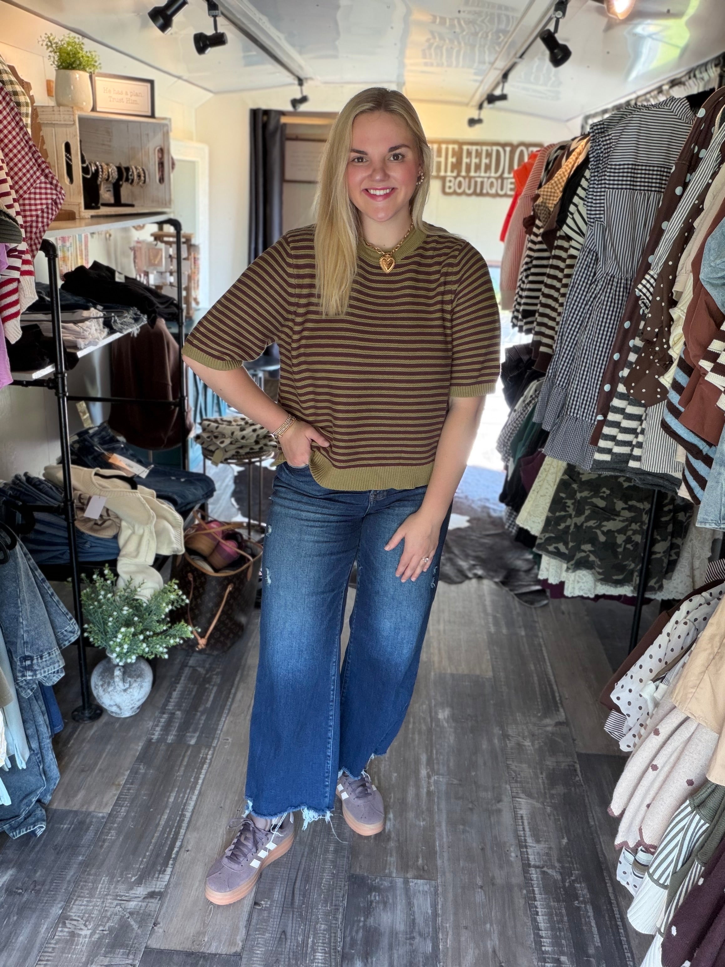 Textured Stripe Crew Neck Half Sleeve Sweater- Olive
