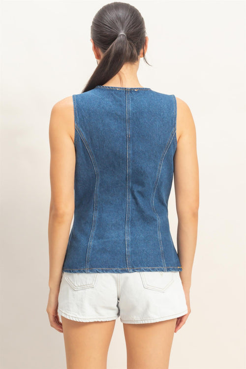 Button-front Sleeveless Denim Vest