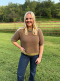 Textured Stripe Crew Neck Half Sleeve Sweater- Olive