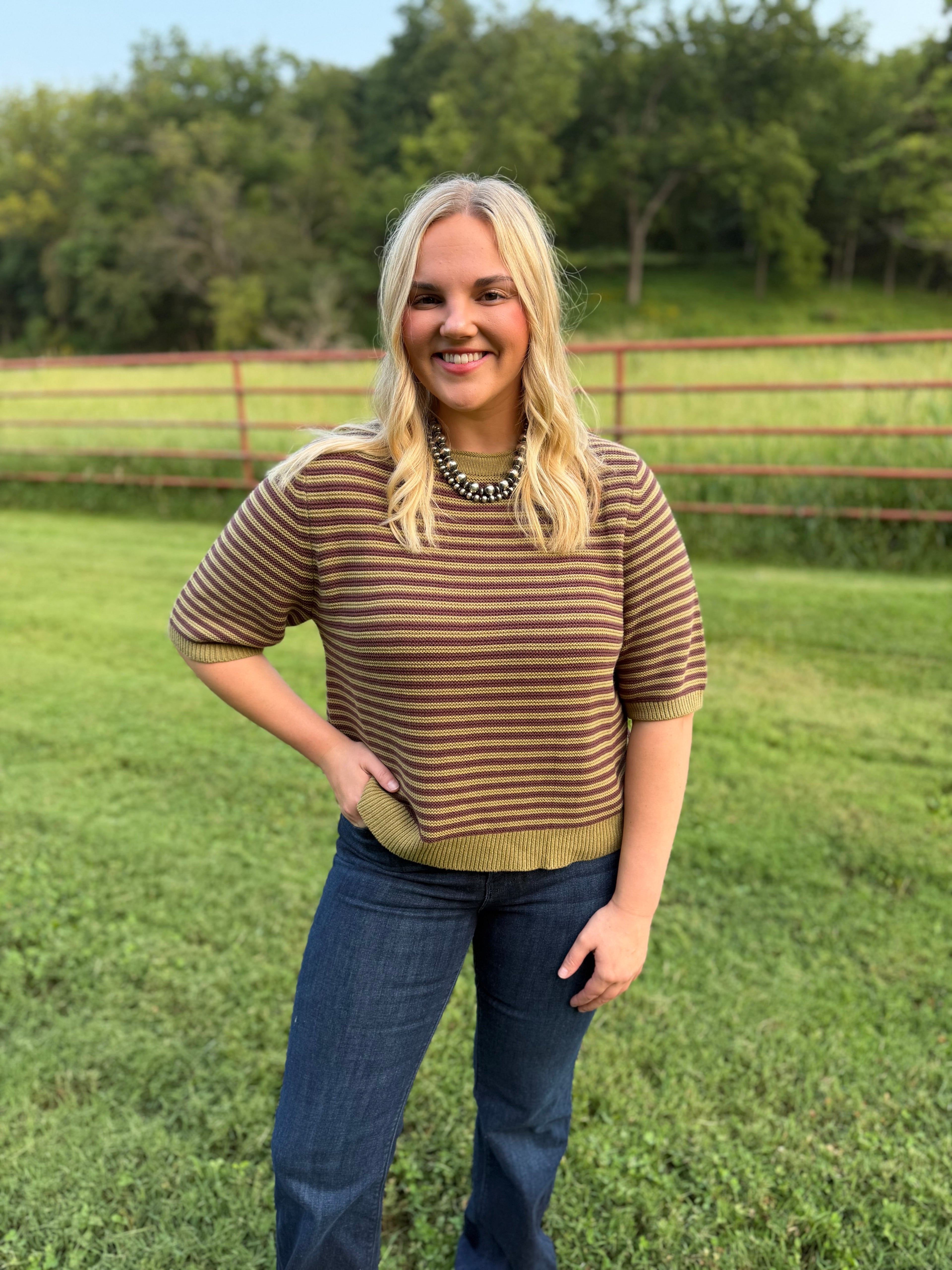 Textured Stripe Crew Neck Half Sleeve Sweater- Olive