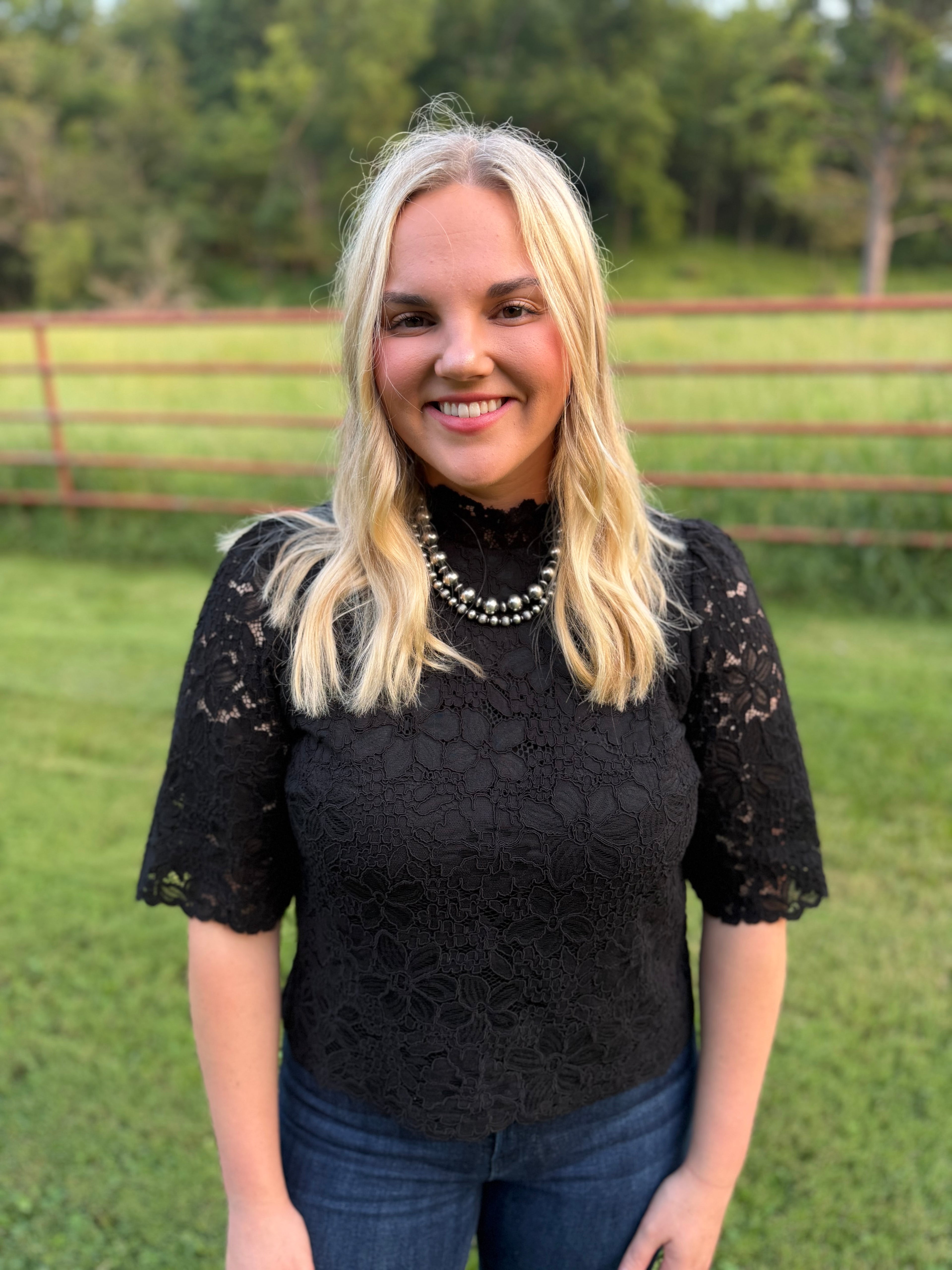 Black-Lace Mock Neck Scallop Top