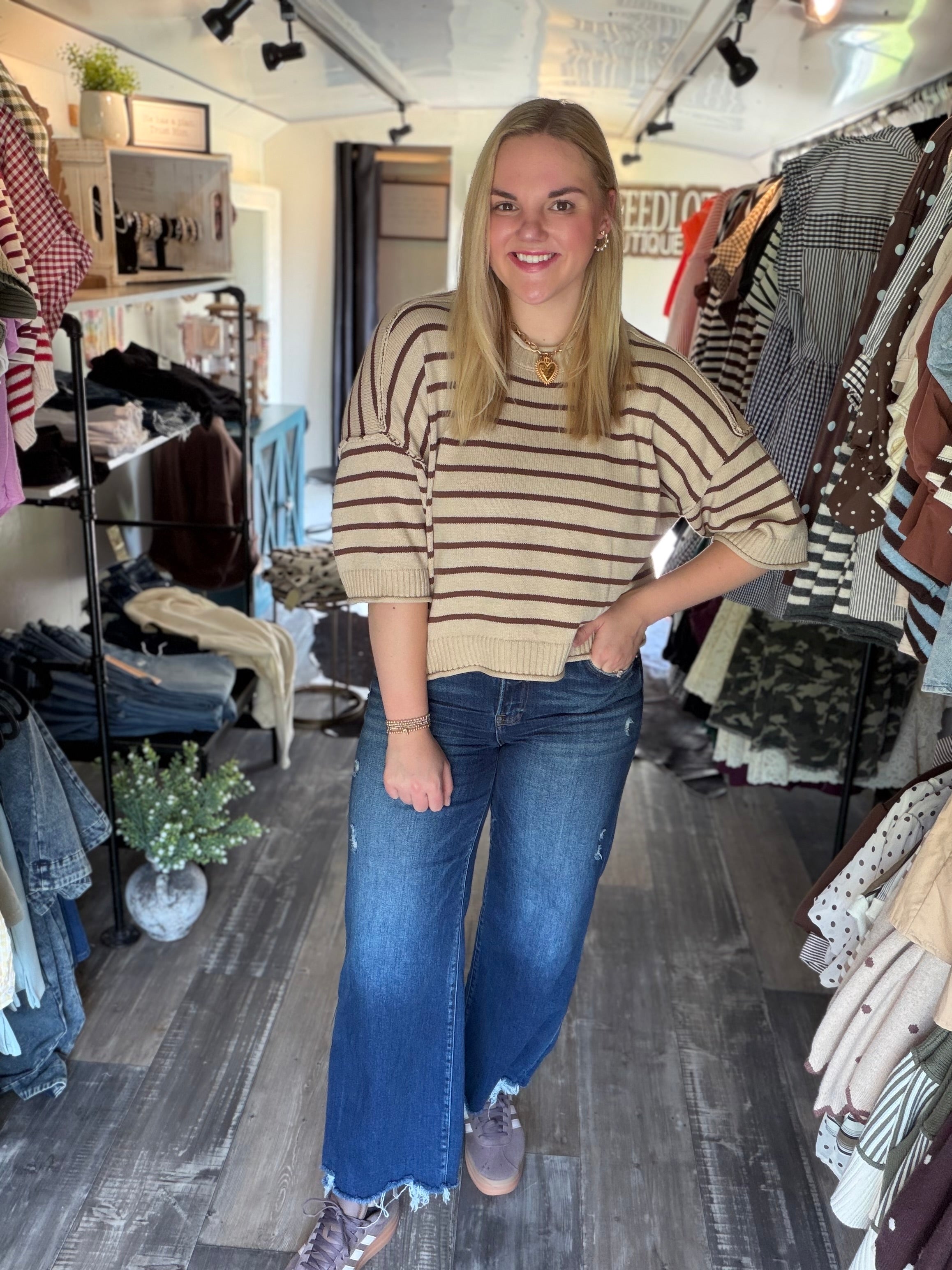 Exposed Seam Striped Round Neck Pullover- Oatmeal