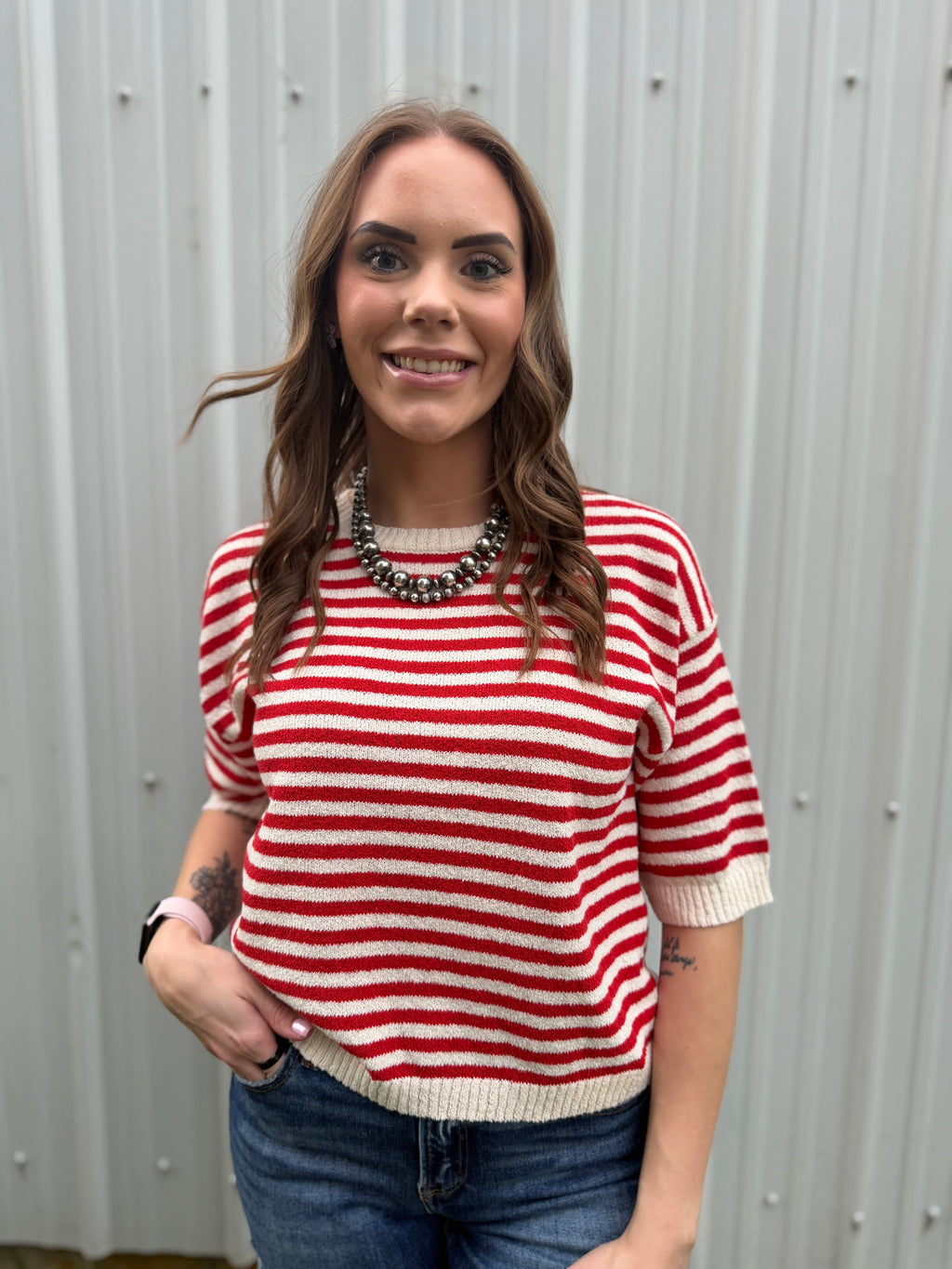 Red Short Sleeved Knit Sweater