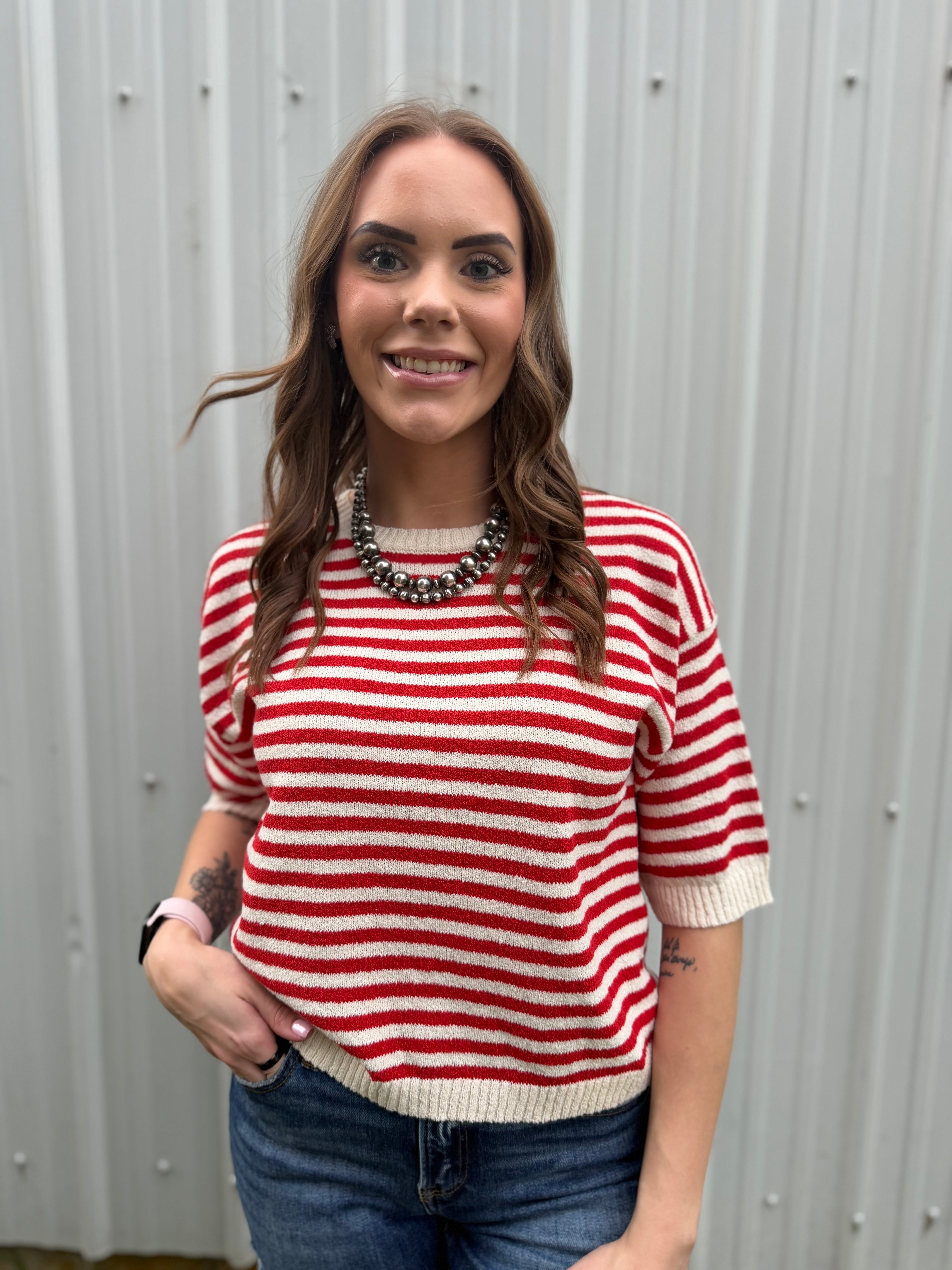Red Short Sleeved Knit Sweater