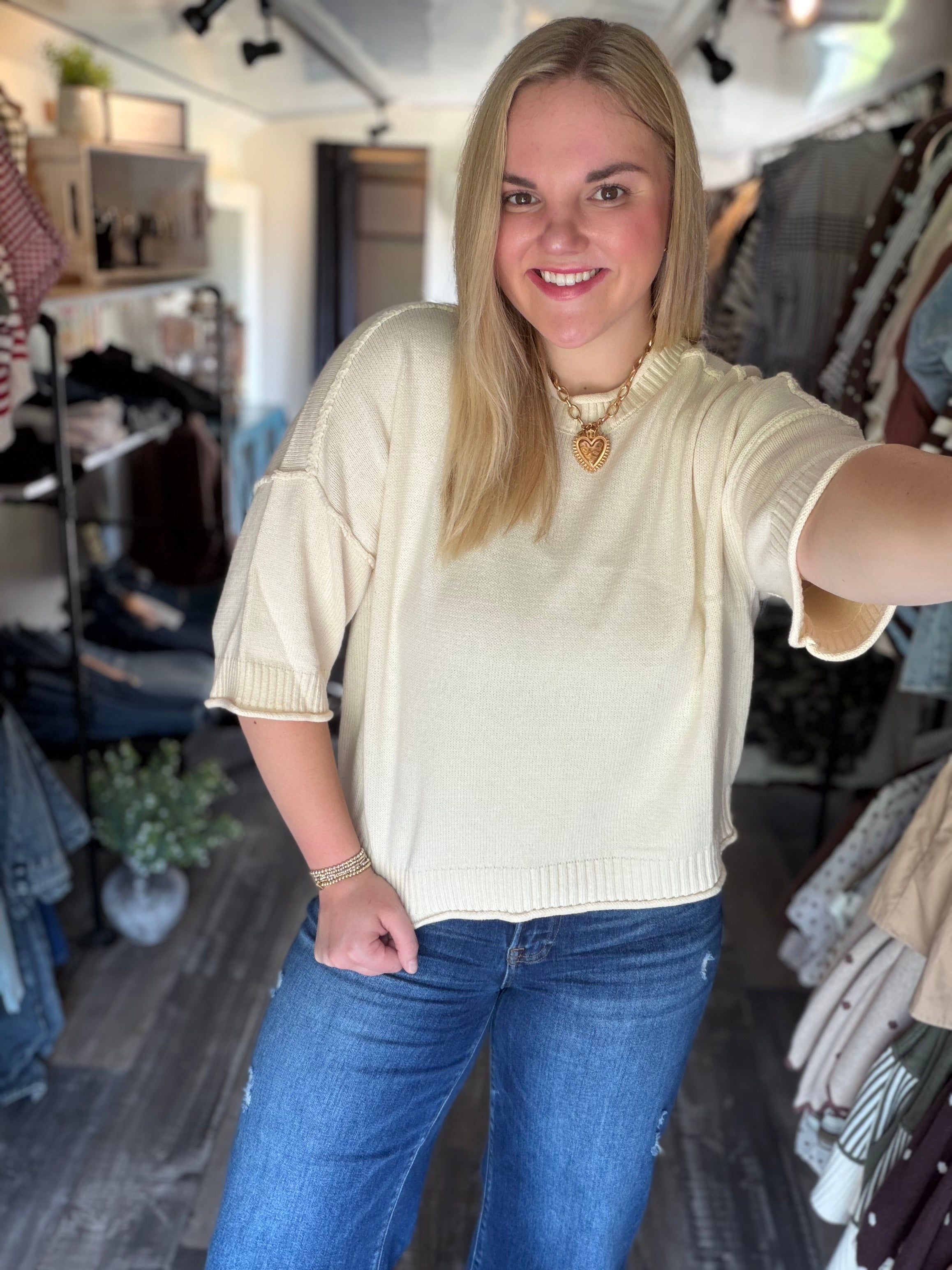 Exposed Seam Drop Shoulder Short Sleeve Pullover- Ivory