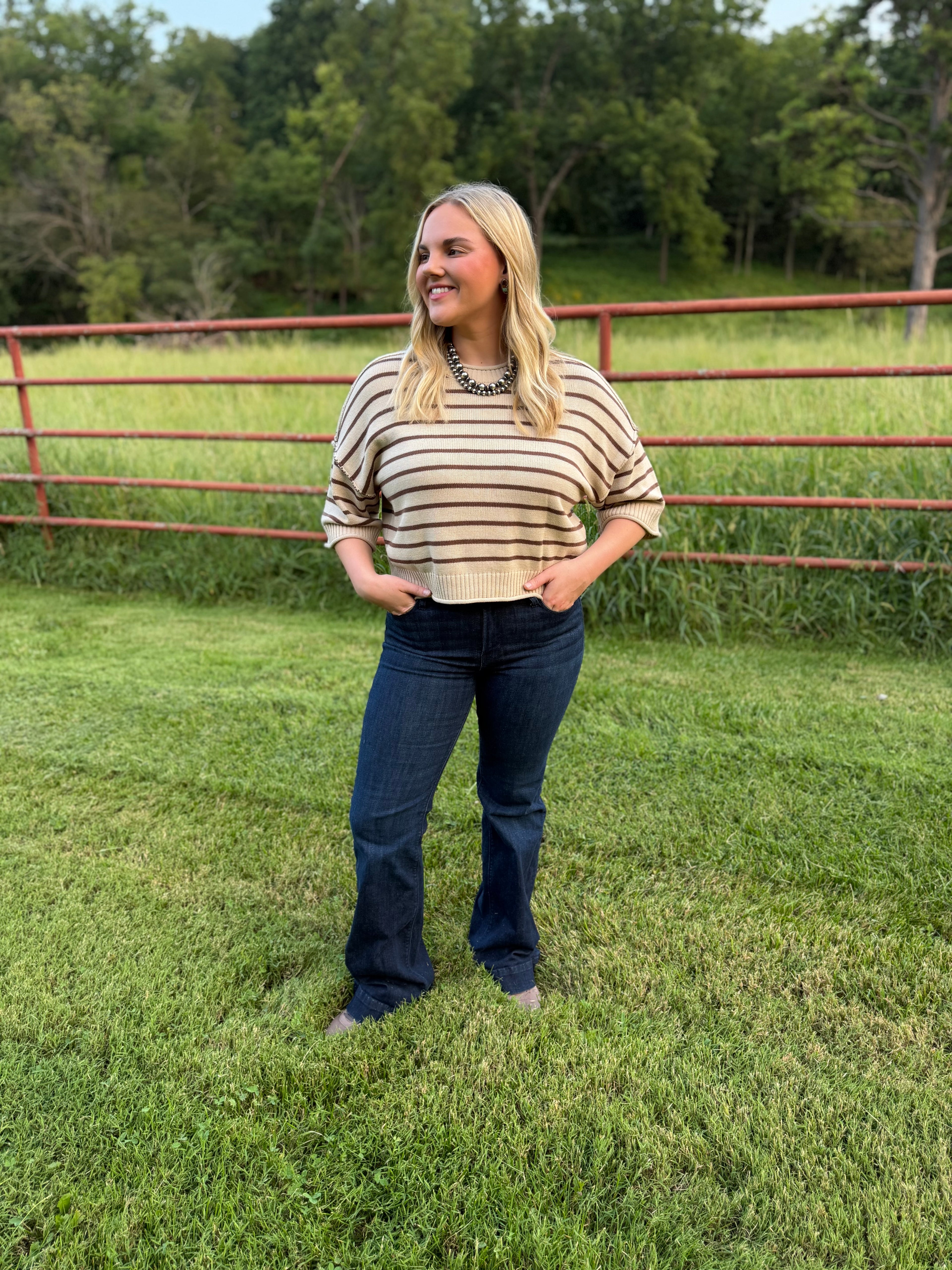 Exposed Seam Striped Round Neck Pullover- Oatmeal