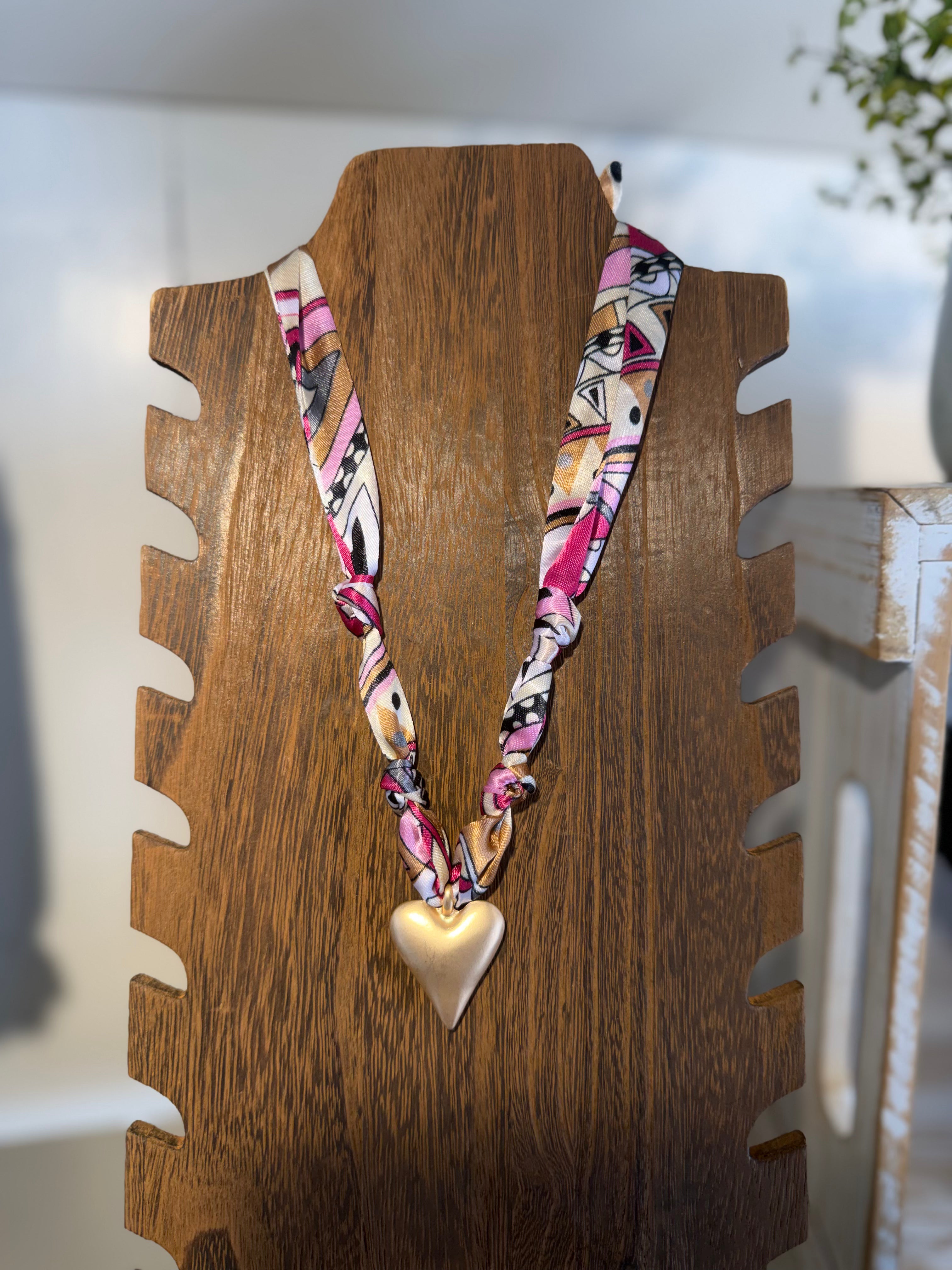 Patterned Silk Gold Heart Necklace
