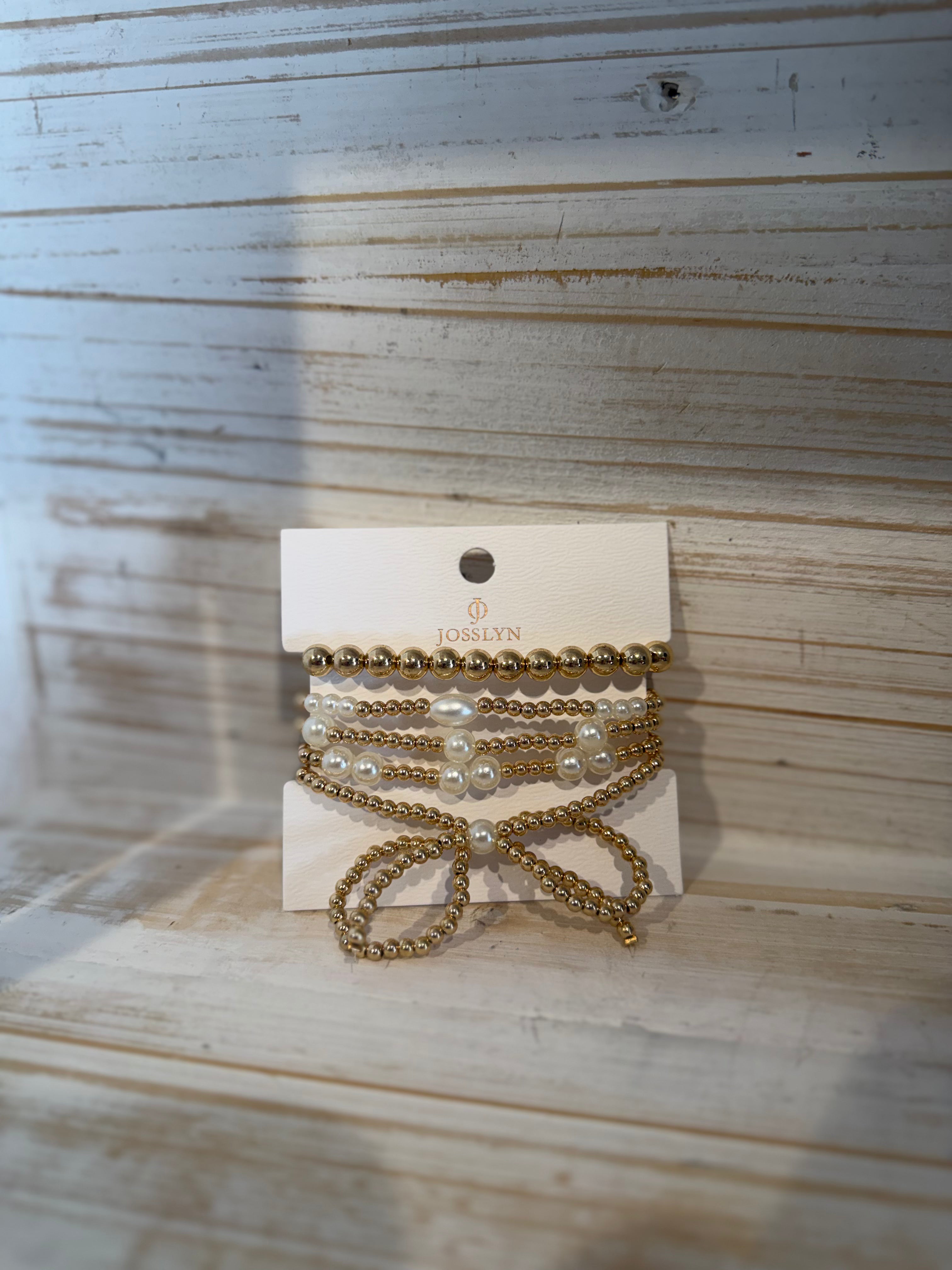 Gold Pearl Bow Bracelet Set