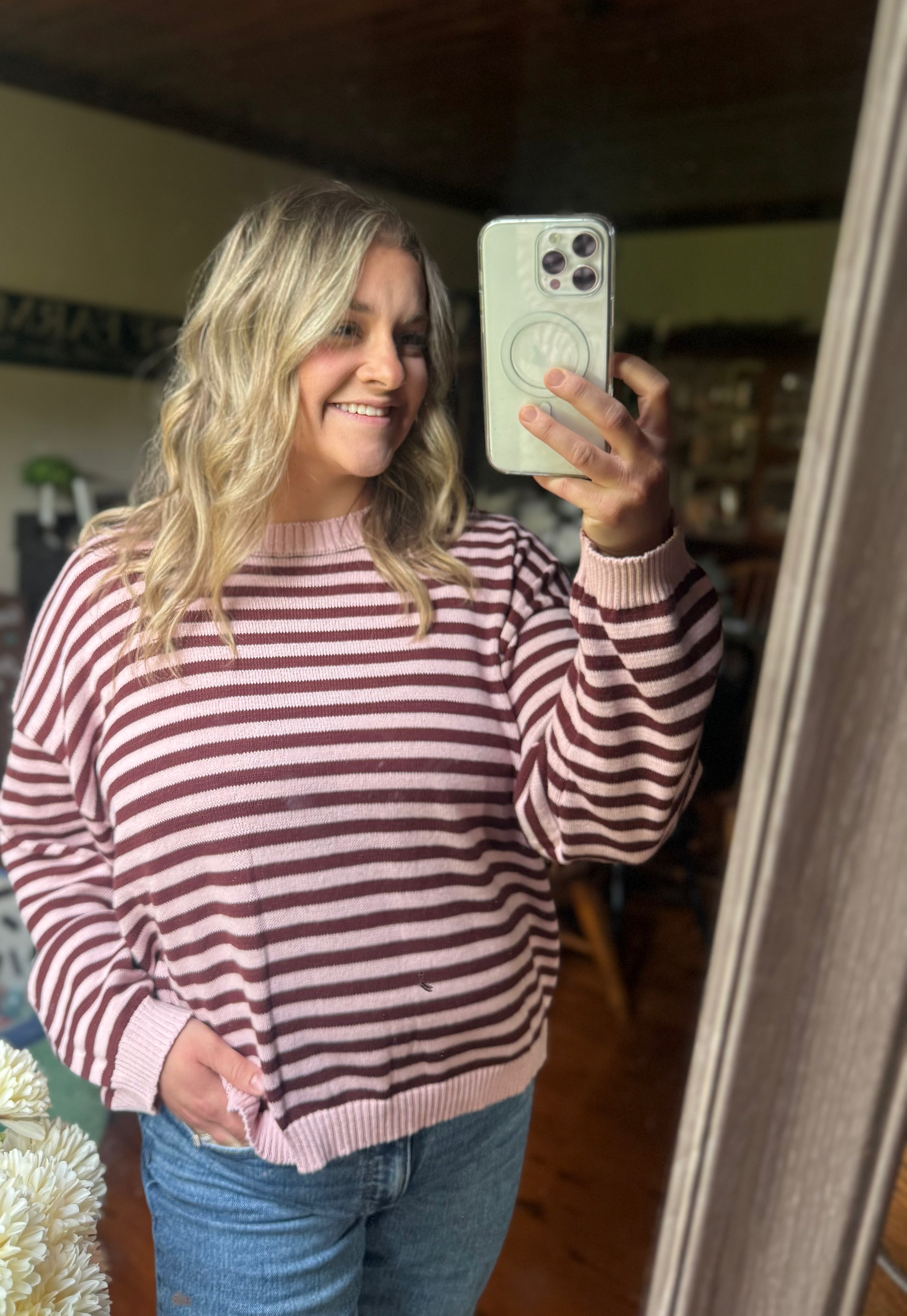 Stripe Relaxed Back Button Down Knit Sweater