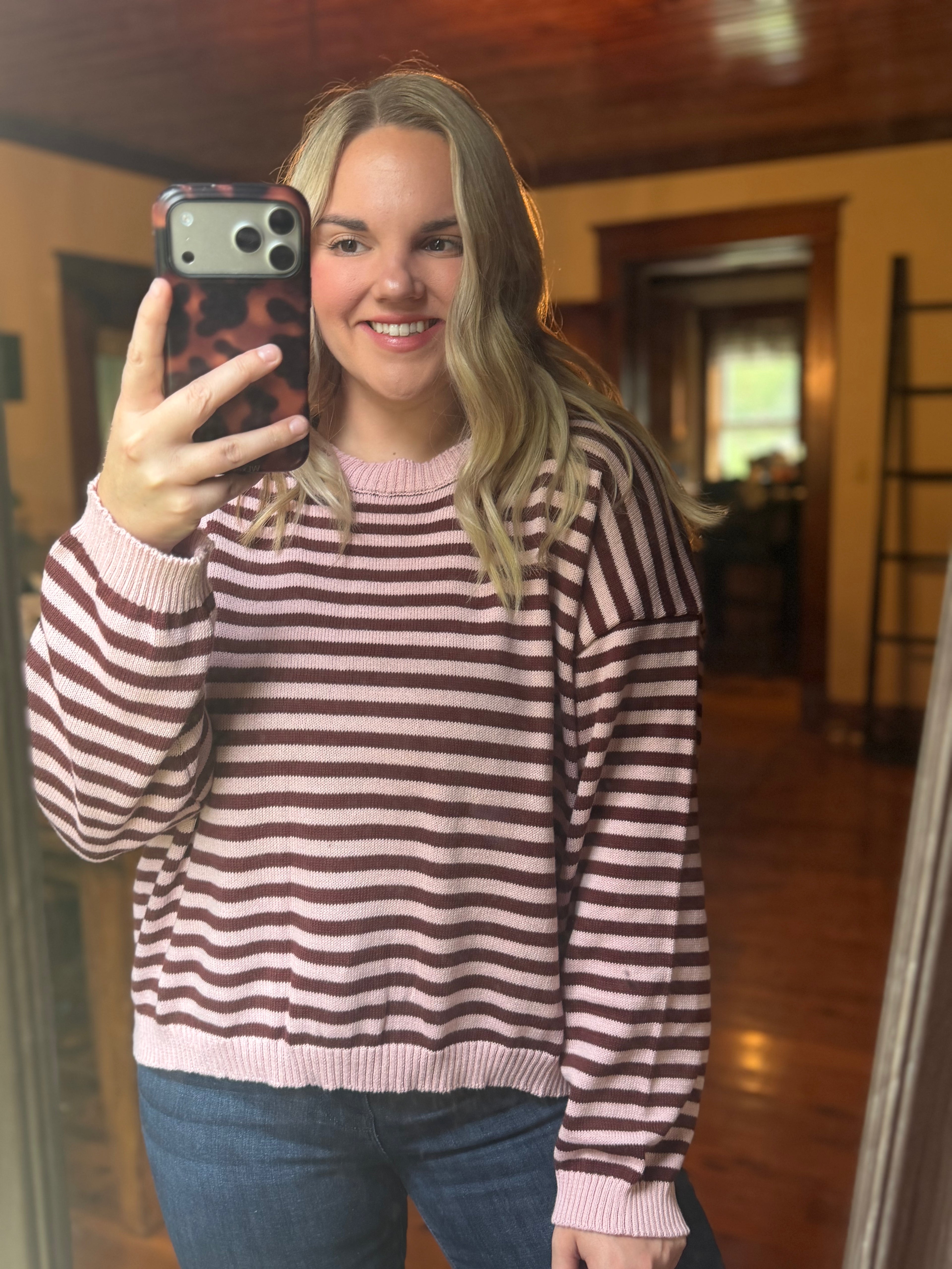 Stripe Relaxed Back Button Down Knit Sweater