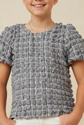 Girls- Navy Waffle Textured Puff Sleeve Top.