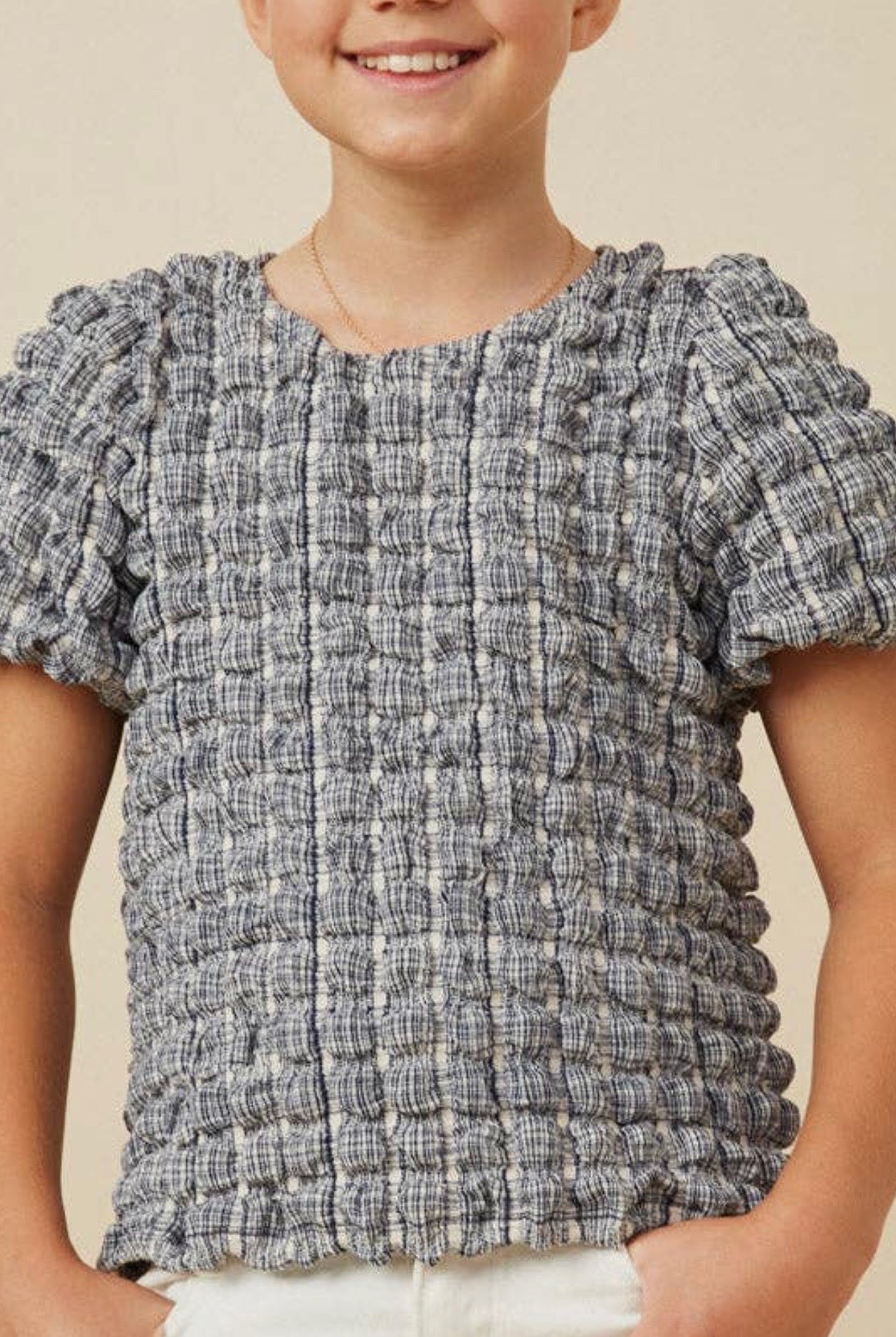 Girls- Navy Waffle Textured Puff Sleeve Top.
