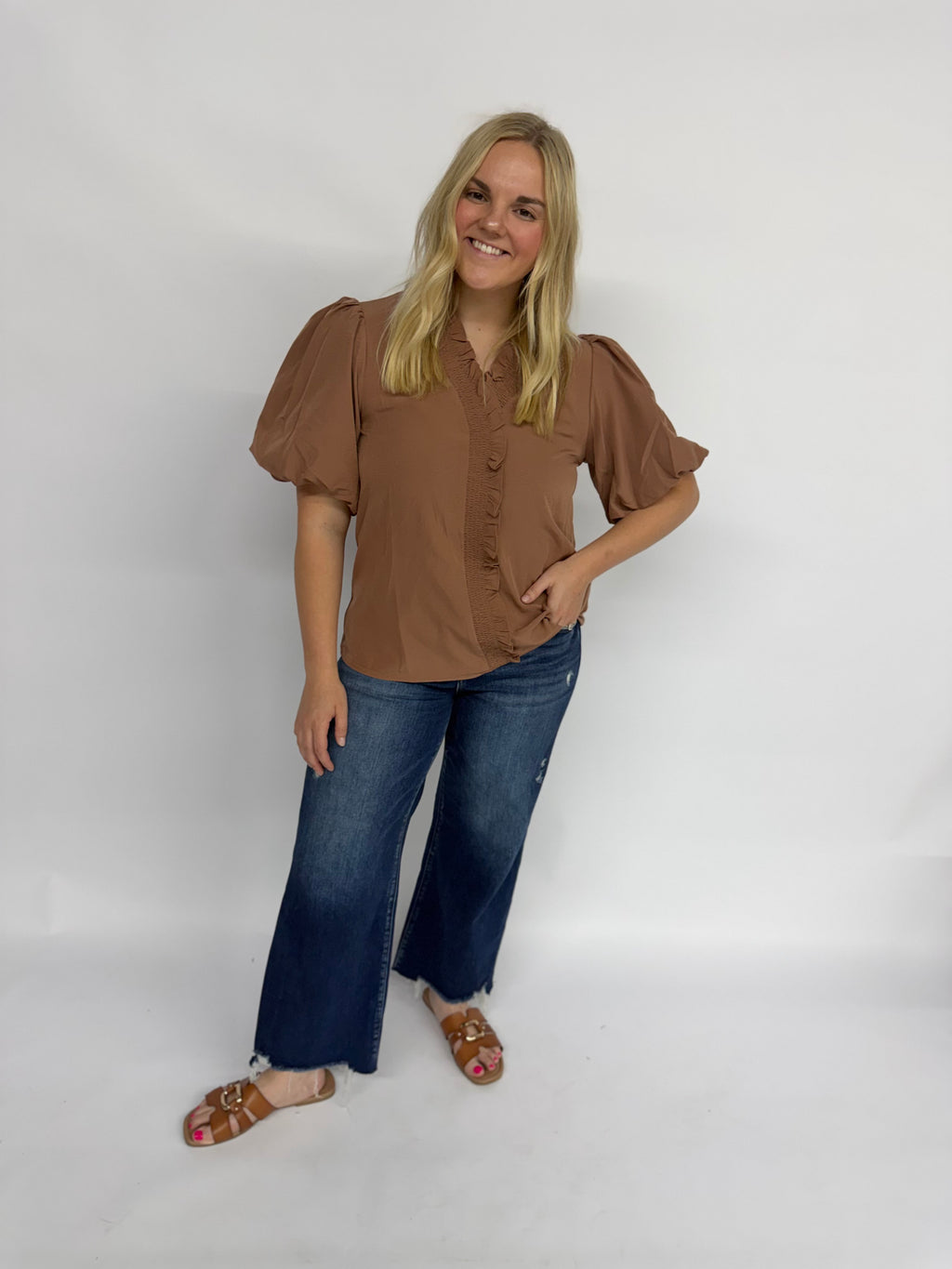 The Mocha Smocked Neck Top