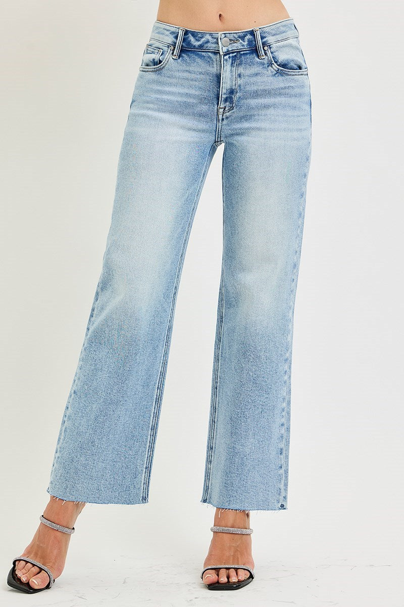 Sara Mid Rise Crop Straight Cut Hem Jeans