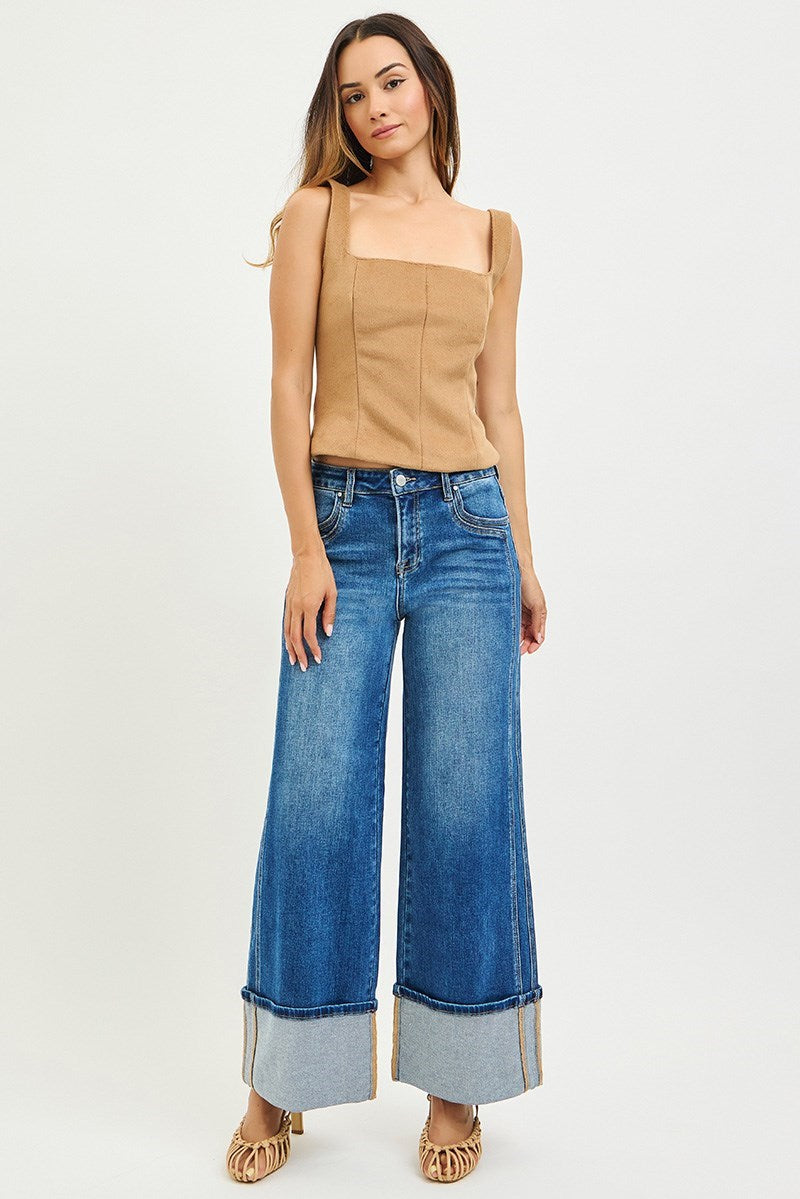 High Rise Wide Leg Cuffed Jeans with Double Front Pocket Detail