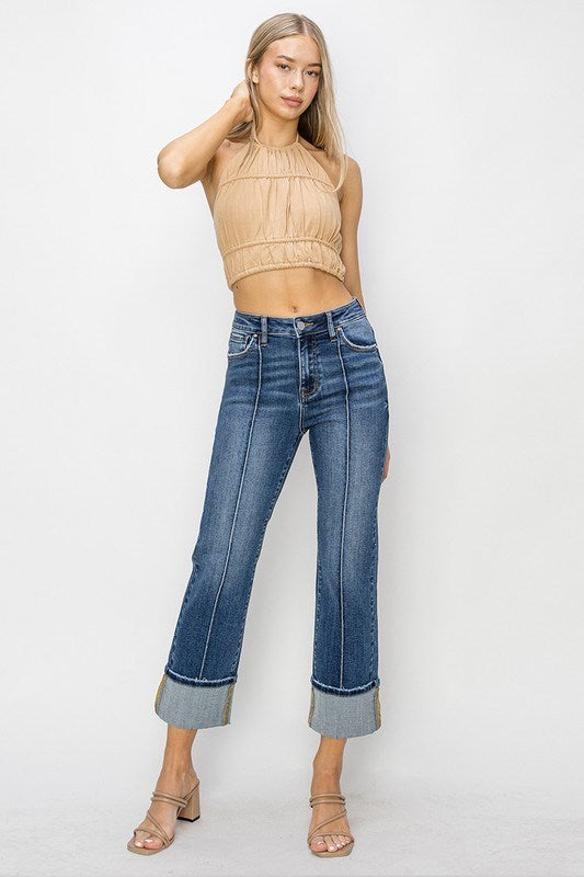 High Rise Ankle Straight Wide Cuffed Jeans