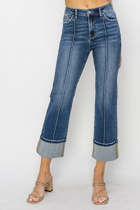 High Rise Ankle Straight Wide Cuffed Jeans