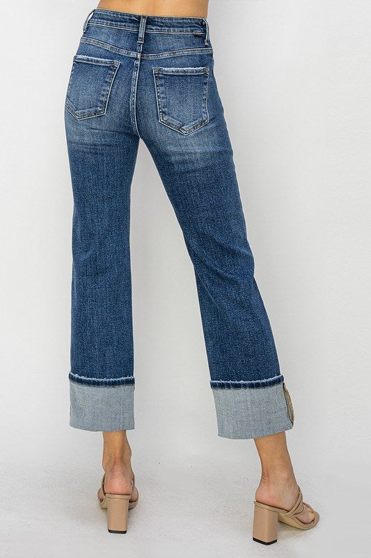High Rise Ankle Straight Wide Cuffed Jeans