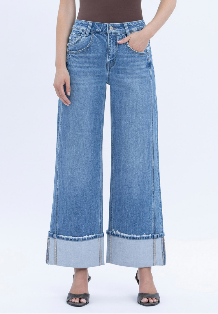 High Rise Cuffed Baggy Wide Jeans