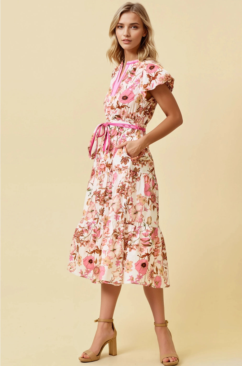 Floral Print Bubble Short Sleeve Tiered Midi Dress