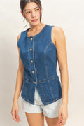 Button-front Sleeveless Denim Vest