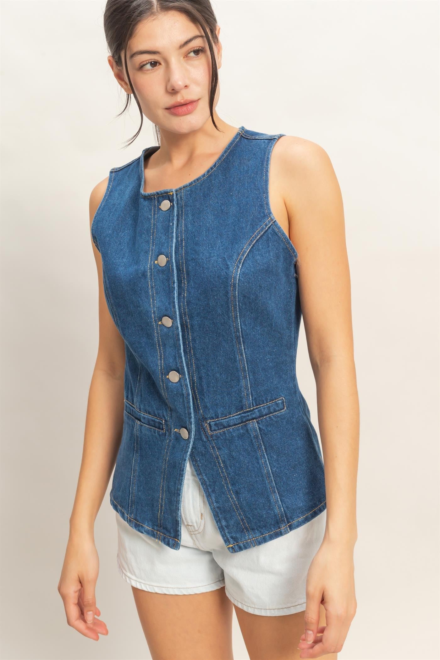 Button-front Sleeveless Denim Vest